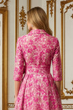 Fuchsia Flower A Line Shirt Collar Long Mother of the Bride Dress with Waist Tie