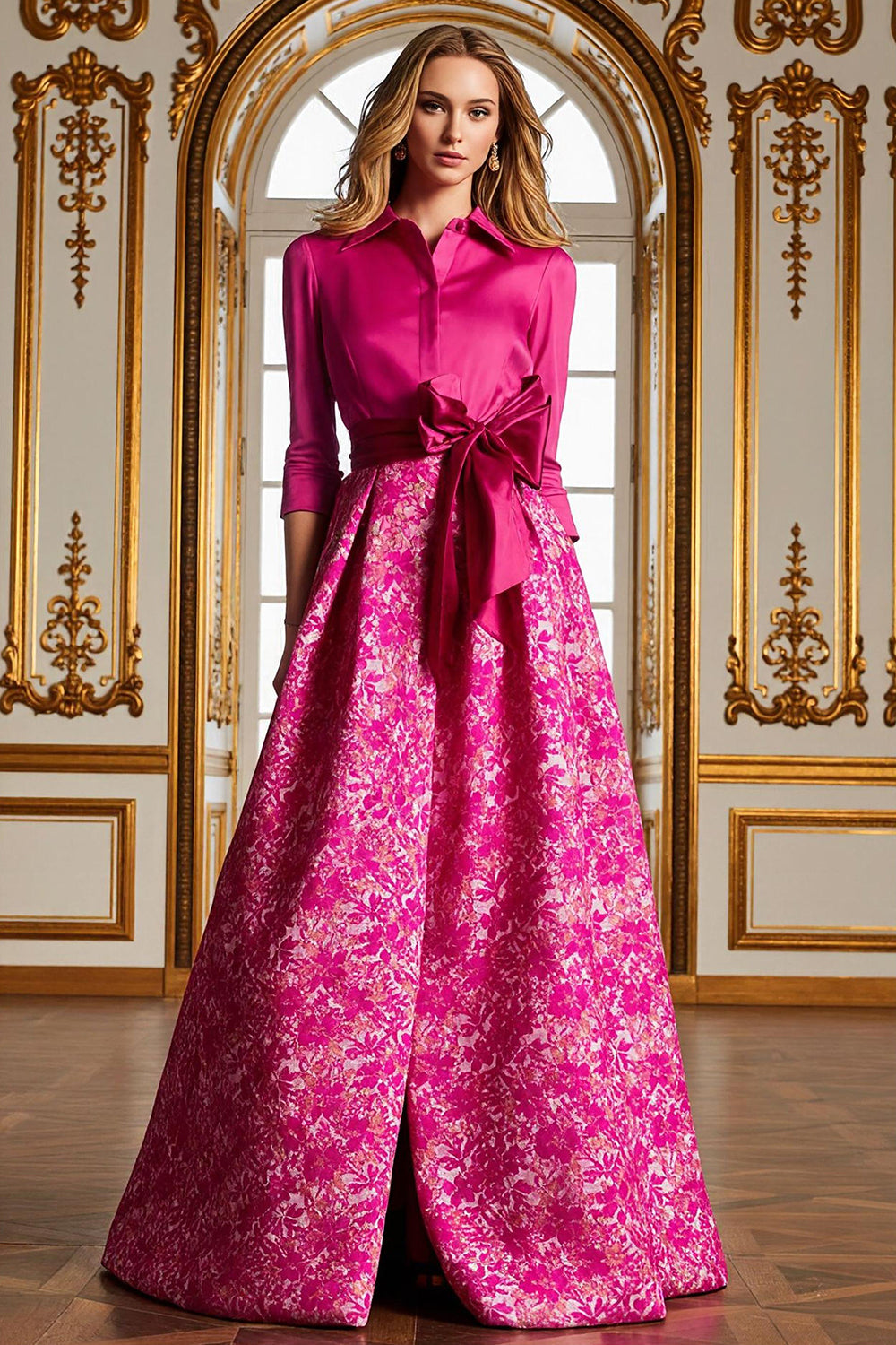Zapaka Women Fuchsia Flower Satin Mother of the Bride Dress with Sleeves A Line Shirt Collar Long Wedding Guest Dress with Waist Tie, Fuchsia Flower / Zapaka Women Fuchsia Flower Satin Mother of the Bride Dress with Sleeves A Line Shirt Collar Long Wedding Guest Dress with Waist Tie, Fuchsia Flower /
