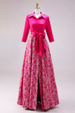 Fuchsia Floral A Line Satin Long Mother of the Bride Dress with Bowknot