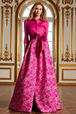 Fuchsia A Line Satin Floral Long Mother of the Bride Dress with Sleeves