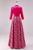 Fuchsia A Line Satin Floral Long Mother of the Bride Dress with Sleeves