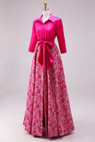 Fuchsia A Line Satin Floral Long Mother of the Bride Dress with Sleeves