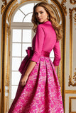 Fuchsia A Line Satin Floral Long Mother of the Bride Dress with Sleeves