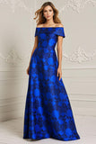 Royal Blue Off the Shoulder Printed A Line Mother of the Bride Dress