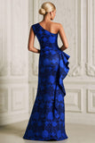 One Shoulder Mermaid Royal Blue Printed Mother of the Bride Dress with Slit