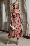 Dusty Rose Floral A Line V Neck Printed Midi Mother of the Bride Dress with Long Sleeves