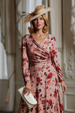 Dusty Rose Floral A Line V Neck Printed Midi Mother of the Bride Dress with Long Sleeves