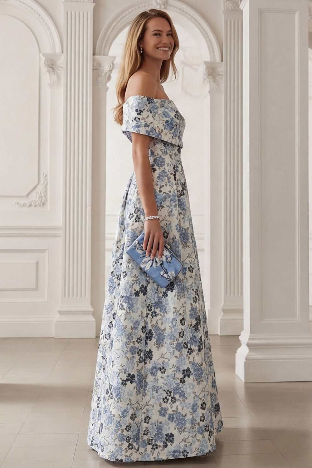 Zapaka Women Blue Flower Long Mother of the Bride Dress Off the Shoulder A-Line Wedding Guest Dress, Blue Flower / US26W Zapaka Women Blue Flower Long Mother of the Bride Dress Off the Shoulder A-Line Wedding Guest Dress, Blue Flower / US26W
