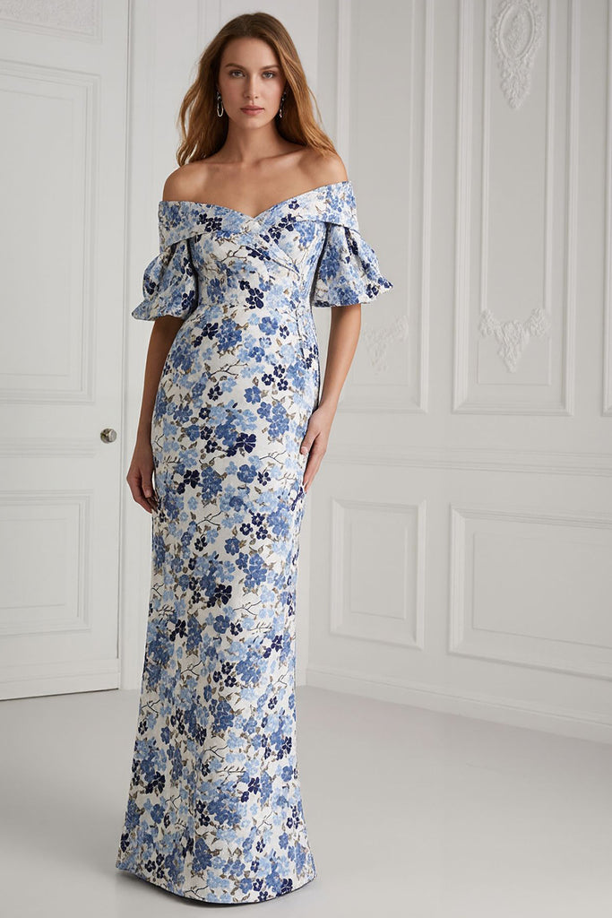 One Shoulder Short Sleeves Printed Floral Mother of the Bride Dresses