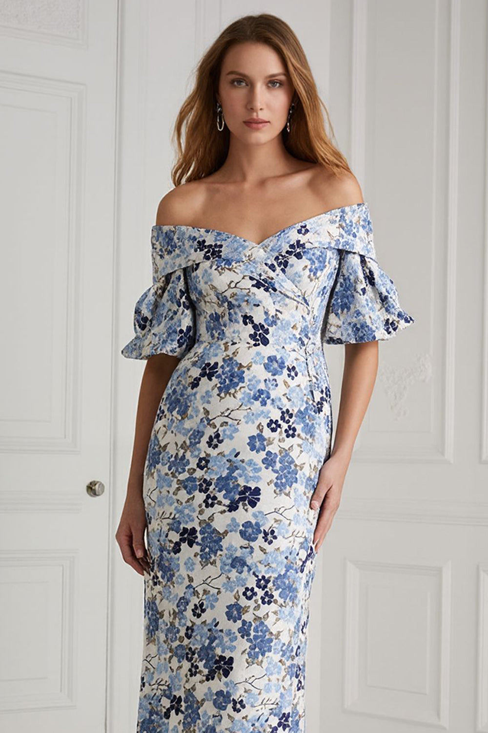 Zapaka Women Blue Flower Sheath Long Mother of the Bride Dress Off the Shoulder Short Sleeves Ruffled Wedding Guest Dress, Blue Flower / US2 Zapaka Women Blue Flower Sheath Long Mother of the Bride Dress Off the Shoulder Short Sleeves Ruffled Wedding Guest Dress, Blue Flower / US2