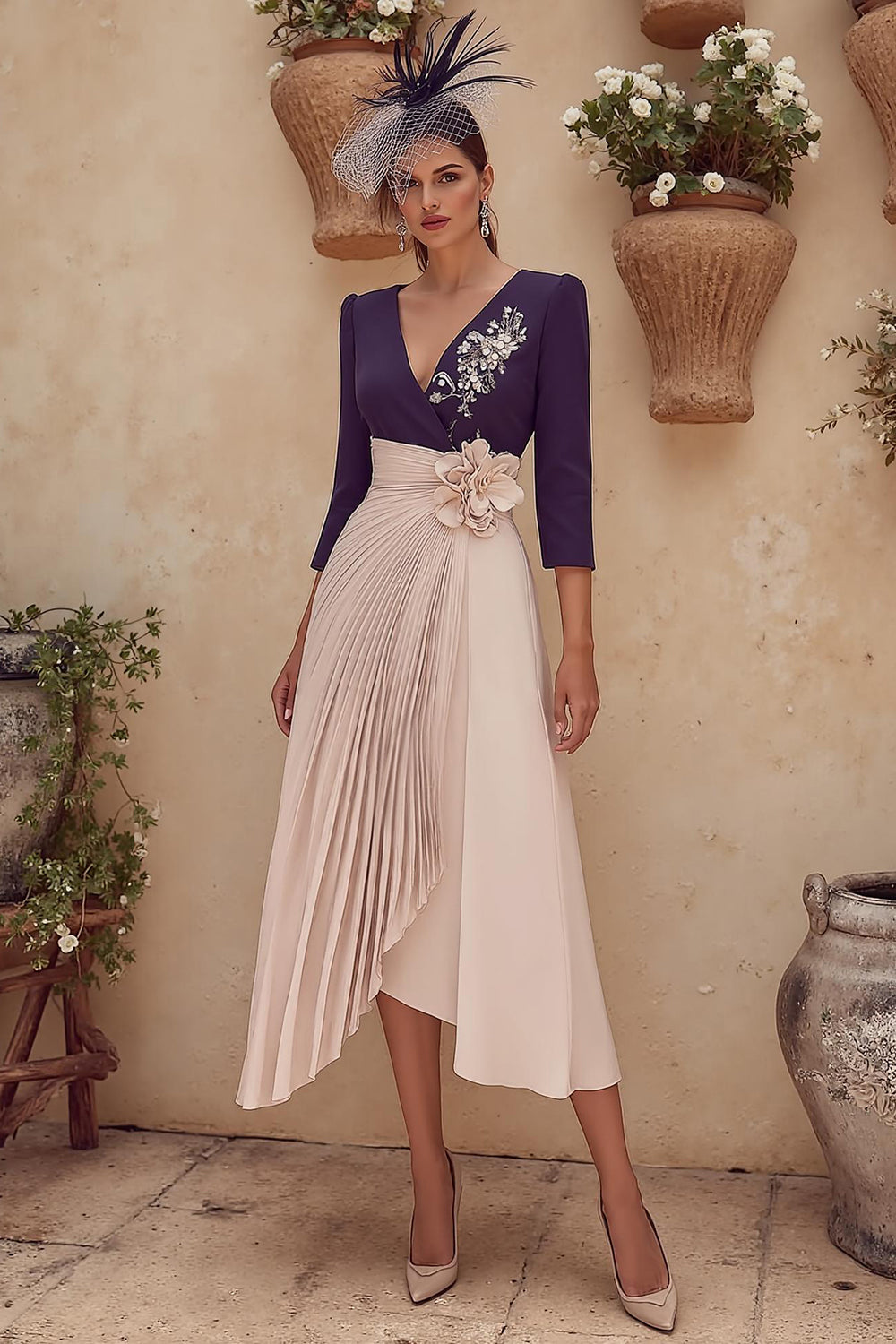 Zapaka Women Purple Midi Mother of the Bride Dress with 3D Flower A-Line V-Neck Ruched Long Sleeves Wedding Guest Dress, Purple / US20W Zapaka Women Purple Midi Mother of the Bride Dress with 3D Flower A-Line V-Neck Ruched Long Sleeves Wedding Guest Dress, Purple / US20W