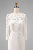 Light Blue Bateau Neck Bodycon Appliqued Midi Mother of the Bride Dress with 3/4 Sleeves