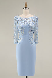 Light Blue Bateau Neck Bodycon Appliqued Midi Mother of the Bride Dress with 3/4 Sleeves