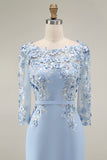 Light Blue Bateau Neck Bodycon Appliqued Midi Mother of the Bride Dress with 3/4 Sleeves