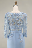 Light Blue Bateau Neck Bodycon Appliqued Midi Mother of the Bride Dress with 3/4 Sleeves