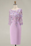 Bodycon Bateau Neck Appliqued Midi Mother of the Bride Dress with 3/4 Sleeves