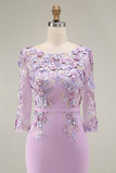 Light Blue Bateau Neck Bodycon Appliqued Midi Mother of the Bride Dress with 3/4 Sleeves