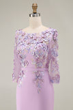 Light Blue Bateau Neck Bodycon Appliqued Midi Mother of the Bride Dress with 3/4 Sleeves