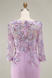 Light Blue Bateau Neck Bodycon Appliqued Midi Mother of the Bride Dress with 3/4 Sleeves