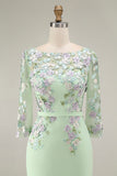 Light Blue Bateau Neck Bodycon Appliqued Midi Mother of the Bride Dress with 3/4 Sleeves