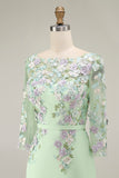 Light Blue Bateau Neck Bodycon Appliqued Midi Mother of the Bride Dress with 3/4 Sleeves