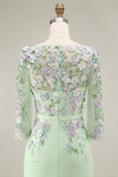 Light Blue Bateau Neck Bodycon Appliqued Midi Mother of the Bride Dress with 3/4 Sleeves