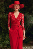 Red Long V-Neck Sheath Appliqued Mother of the Bride Dress with Slit