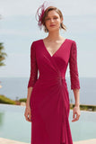 Dark Red V-Neck Midi Ruffled Mermaid Mother of the Bride Dress