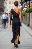 Black One Shoulder Sheath Ruched Midi Mother of the Bride Dress with Slit