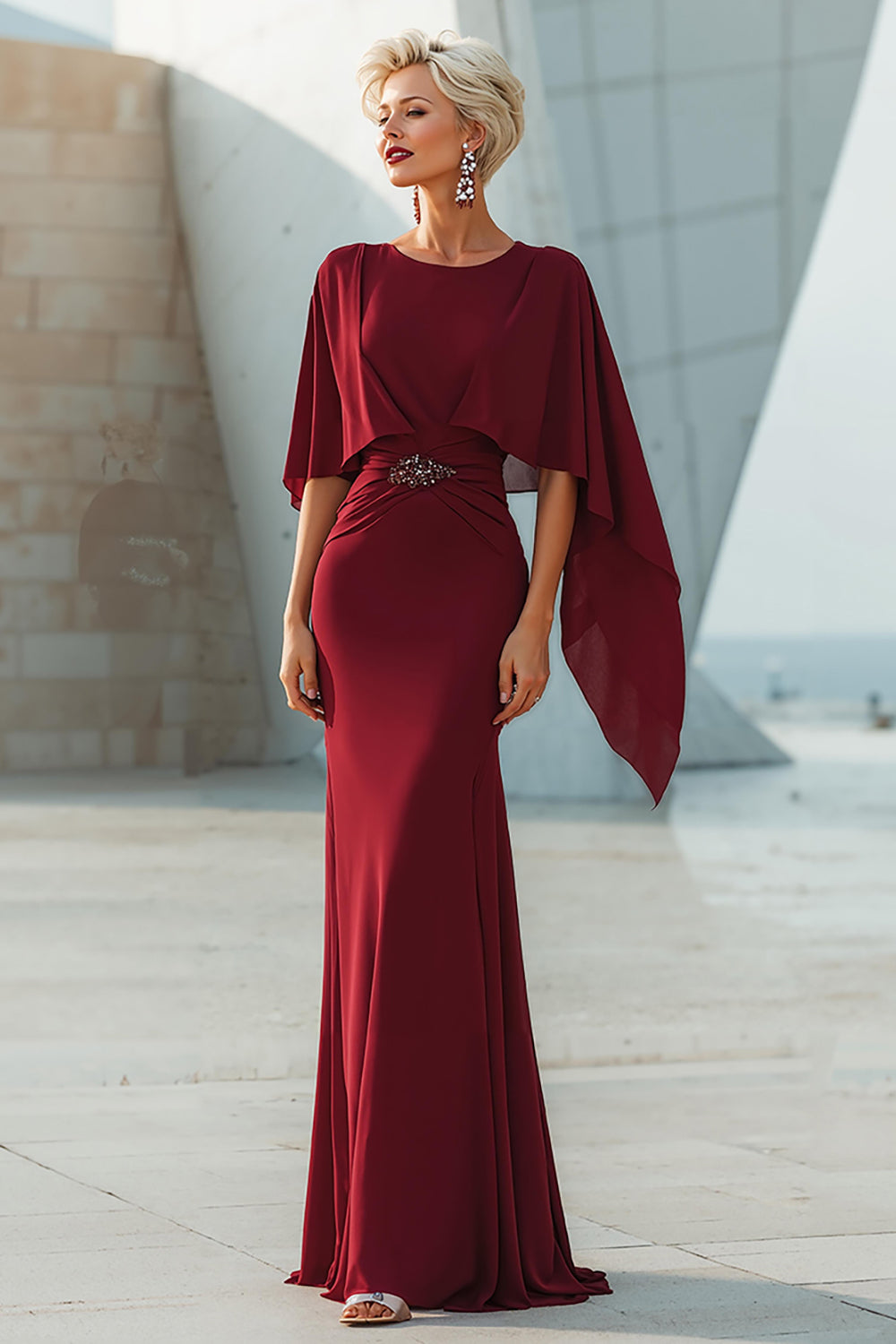 ZAPAKA Women Burgundy Mother of the Bride Dress Mermaid Round Neck Beaded Chiffon Long Wedding Guest Dress with Back Slit ZAPAKA Women Burgundy Mother of the Bride Dress Mermaid Round Neck Beaded Chiffon Long Wedding Guest Dress with Back Slit