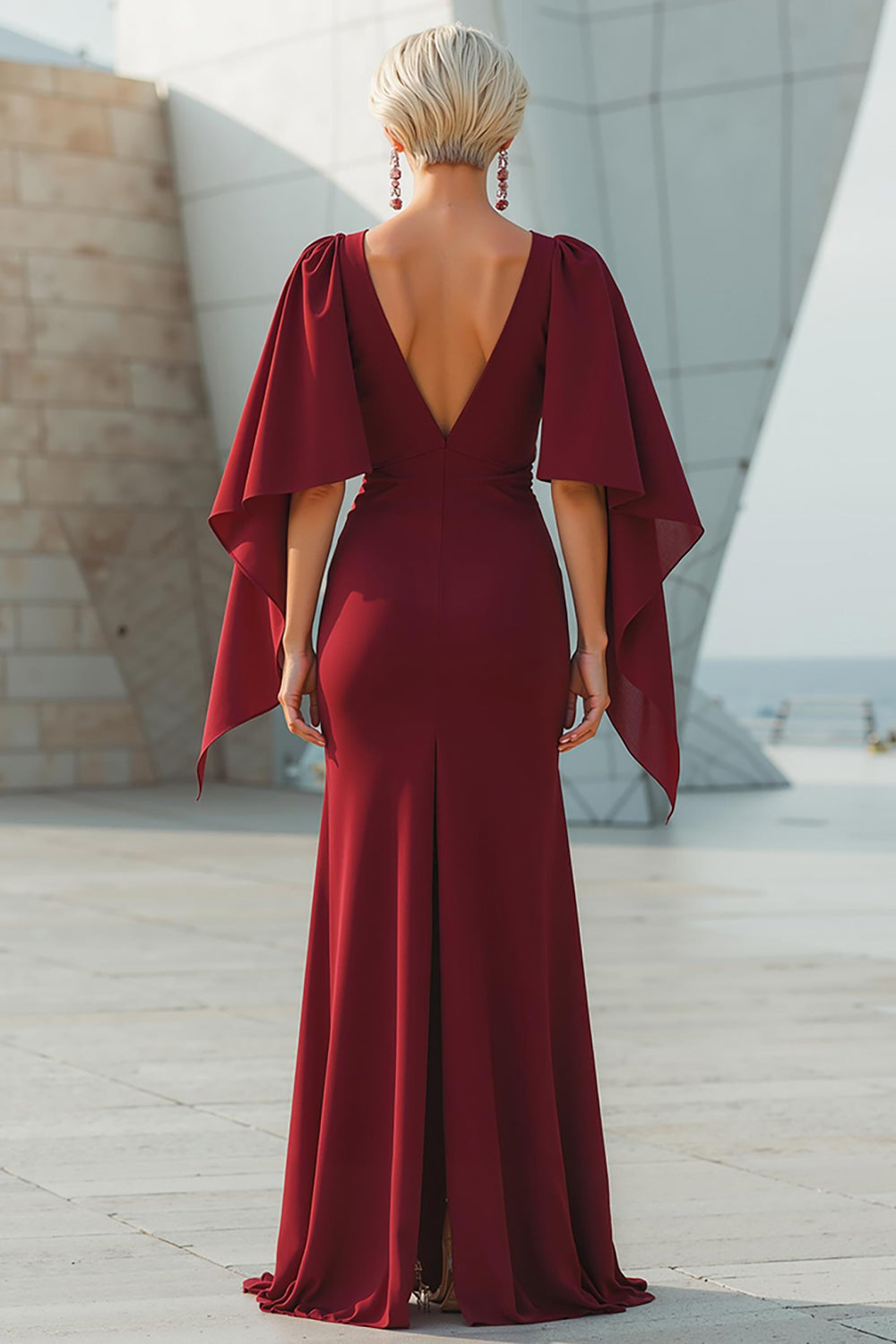 Zapaka Women Burgundy Mother of The Bride Dress Mermaid Round Neck Beaded Chiffon Long Wedding Guest Dress with Back Slit, Burgundy / US16W Zapaka Women Burgundy Mother of The Bride Dress Mermaid Round Neck Beaded Chiffon Long Wedding Guest Dress with Back Slit, Burgundy / US16W
