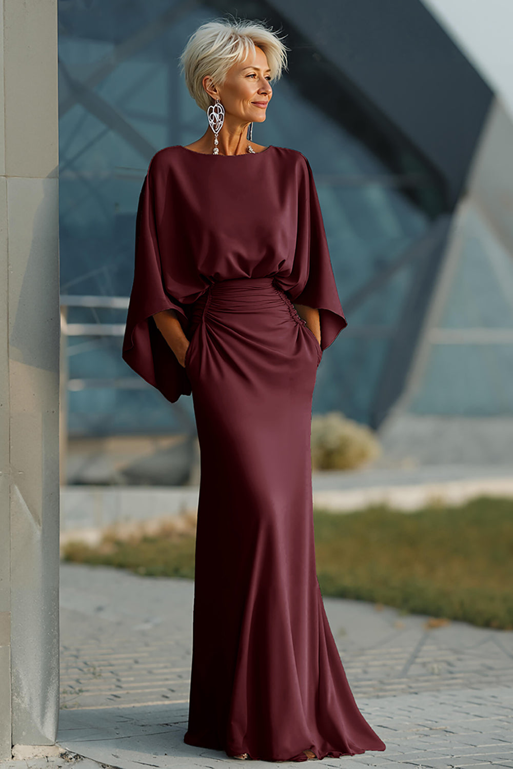 ZAPAKA Women Navy Long Choir Dress with 3/4 Sleeves Sheath Satin Boat Neck Long Formal Dress with Pockets, Burgundy / US14 ZAPAKA Women Navy Long Choir Dress with 3/4 Sleeves Sheath Satin Boat Neck Long Formal Dress with Pockets, Burgundy / US14