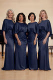 Navy Sheath 3/4 Sleeves Ruched Satin Long Choir Dress