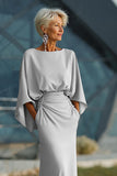 Silver Sheath 3/4 Sleeves Long Mother of the Bride Dress with Pockets