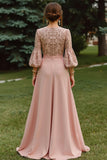 Dusty Rose A-Line Lace Long Mother of the Bride Dress with 3/4 Sleeves