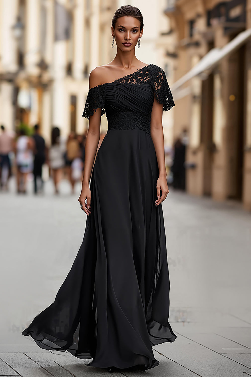 Zapaka Women Black Long Mother of the Bride Dress with Lace One Shoulder Ruched A Line Wedding Guest Dress with Sleeves, Black / UK26 Zapaka Women Black Long Mother of the Bride Dress with Lace One Shoulder Ruched A Line Wedding Guest Dress with Sleeves, Black / UK26
