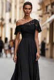 Black One Shoulder Ruched Long Mother of the Bride Dress with Lace
