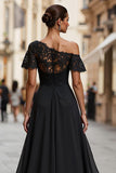 Black One Shoulder Ruched Long Mother of the Bride Dress with Lace