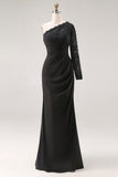 Black One Shoulder Mermaid Long Mother of the Bride Dress with Lace