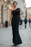 Black One Shoulder Mermaid Long Mother of the Bride Dress with Lace
