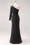 Black One Shoulder Mermaid Long Mother of the Bride Dress with Lace