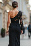 Black One Shoulder Mermaid Long Mother of the Bride Dress with Lace