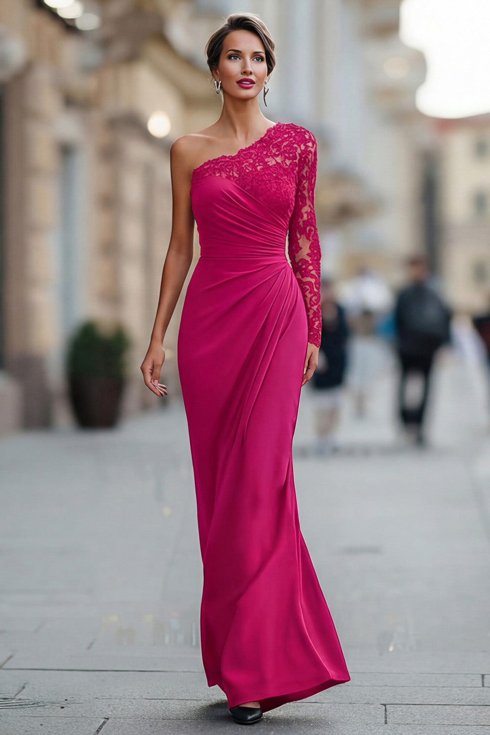 Zapaka Women Black Long Mother of the Bride Dress with Lace One Shoulder Mermaid Ruched Wedding Guest Dress with Sleeves, Fuchsia / US10 Zapaka Women Black Long Mother of the Bride Dress with Lace One Shoulder Mermaid Ruched Wedding Guest Dress with Sleeves, Fuchsia / US10