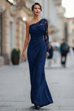 Black One Shoulder Mermaid Long Mother of the Bride Dress with Lace