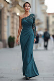 Black One Shoulder Mermaid Long Mother of the Bride Dress with Lace