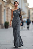 Black One Shoulder Mermaid Long Mother of the Bride Dress with Lace