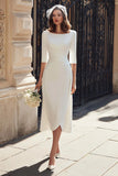 Ivory Mermaid Boat Neck Midi Engagement Dress with Sleeves