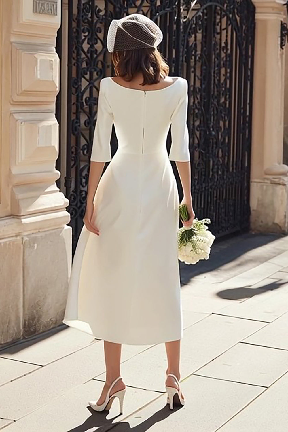ZAPAKA Women Ivory Mermaid Midi Engagement Dress with Sleeves Boat Neck Ruched Rehearsal Dinner Dress, Ivory / US20W ZAPAKA Women Ivory Mermaid Midi Engagement Dress with Sleeves Boat Neck Ruched Rehearsal Dinner Dress, Ivory / US20W