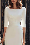 Ivory Mermaid Boat Neck Midi Engagement Dress with Sleeves