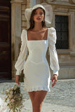 Ivory Corset Bodycon Square Neck Short Graduation Dress with Sleeves